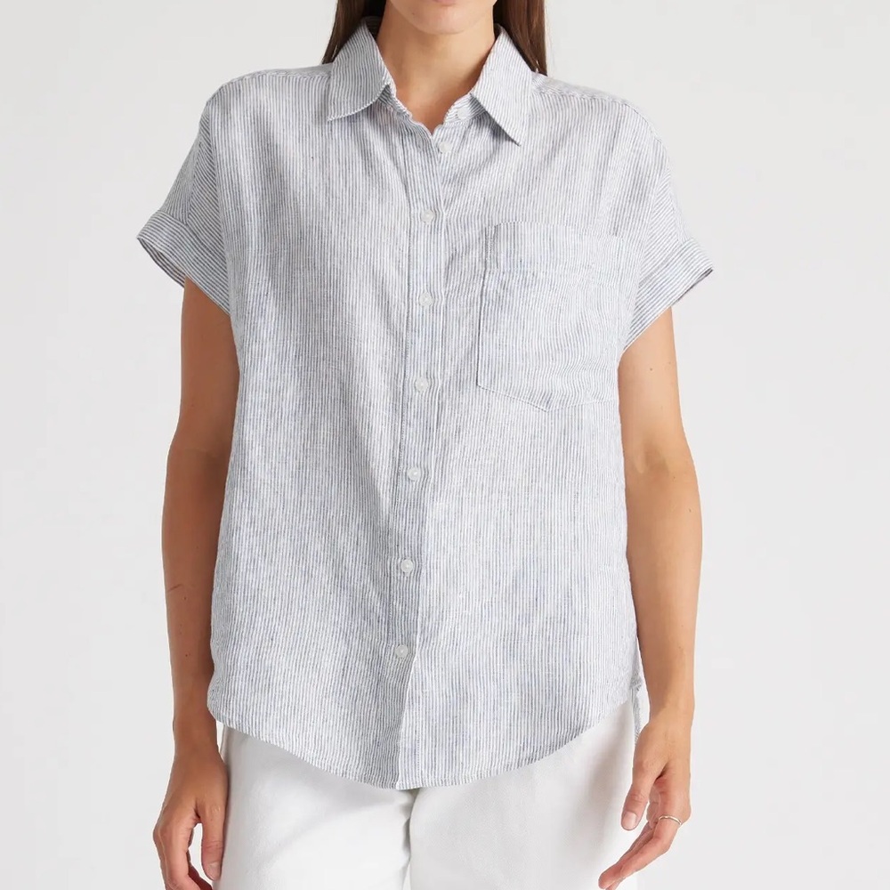Quince European linen camp shirt, Striped Short Sleeve Button-Up